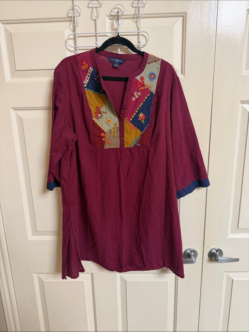April Cornell 100% Cotton Embroidered Neckline Quarter Sleeve Tunic boho Gypsy